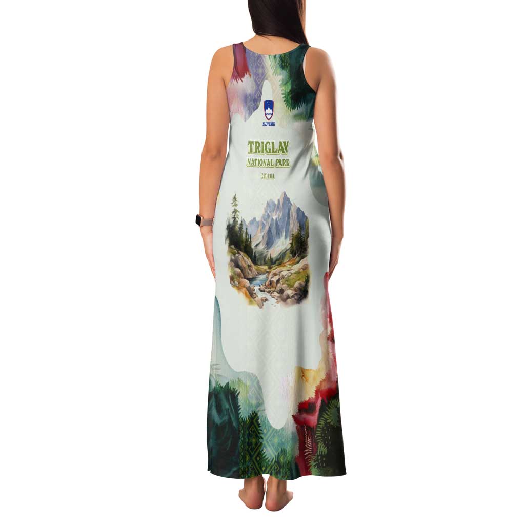 Triglav National Park Tank Maxi Dress Mountain Landscape with Slovenia Crest and Folk Art Details