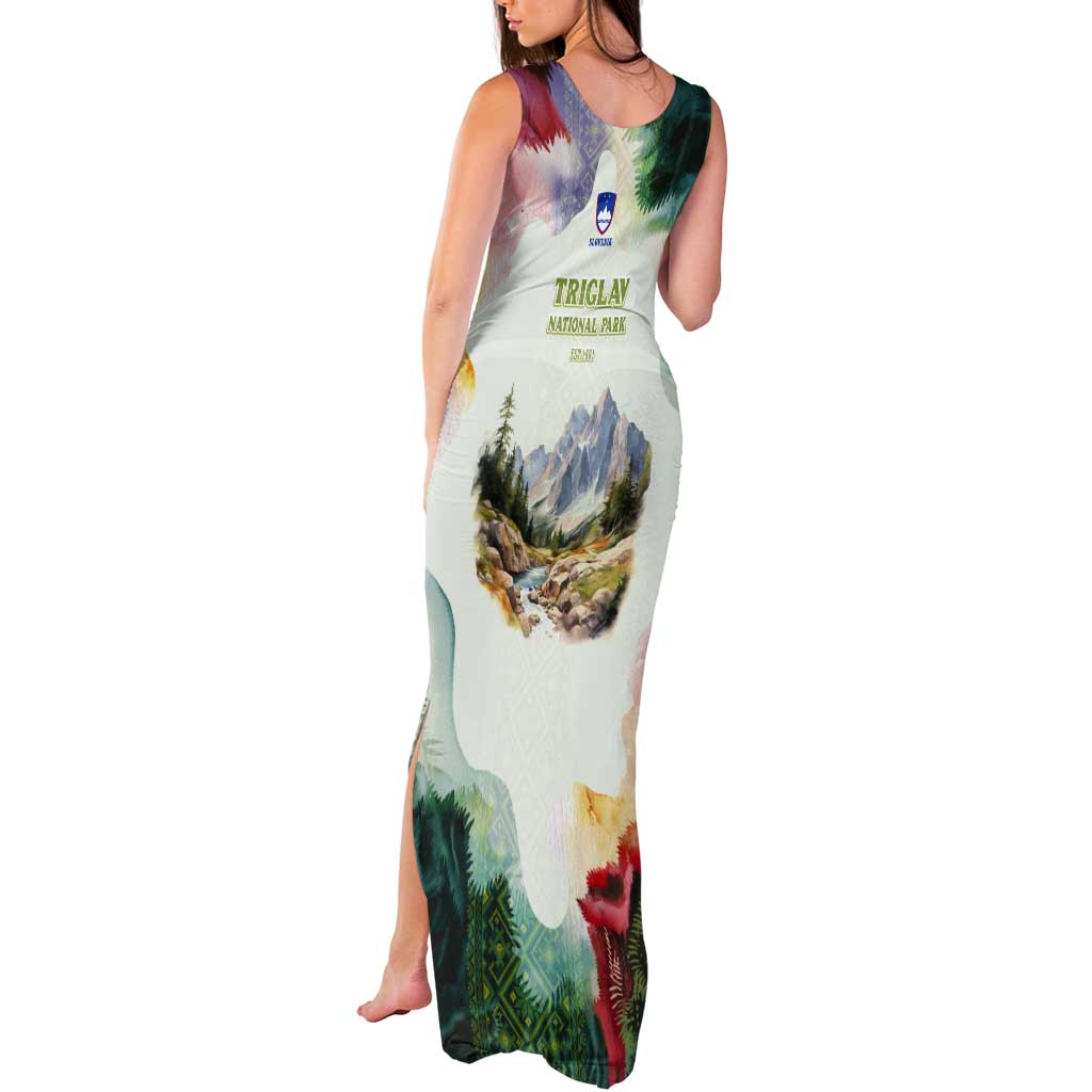 Triglav National Park Tank Maxi Dress Mountain Landscape with Slovenia Crest and Folk Art Details