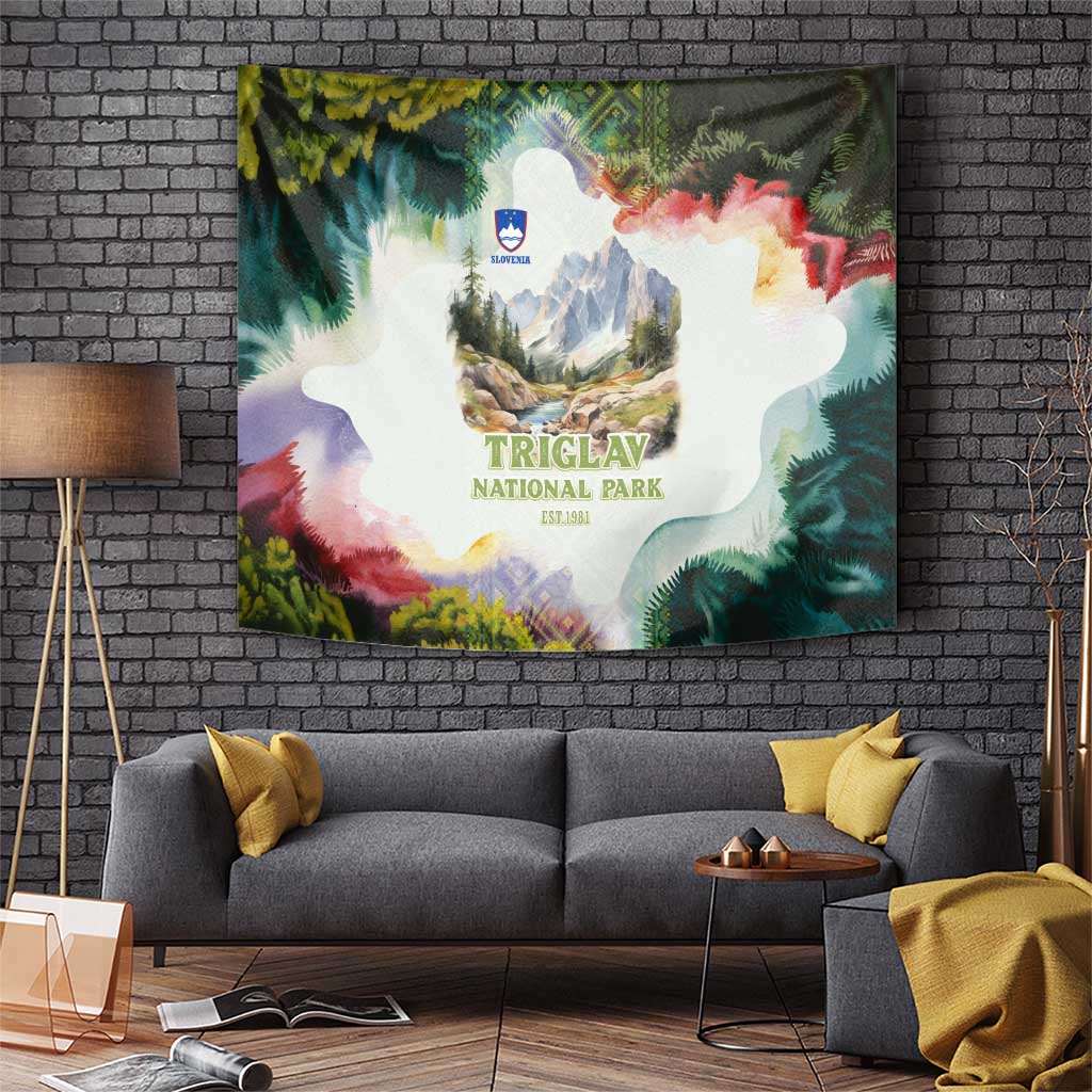 Triglav National Park Tapestry Mountain Landscape with Slovenia Crest and Folk Art Details