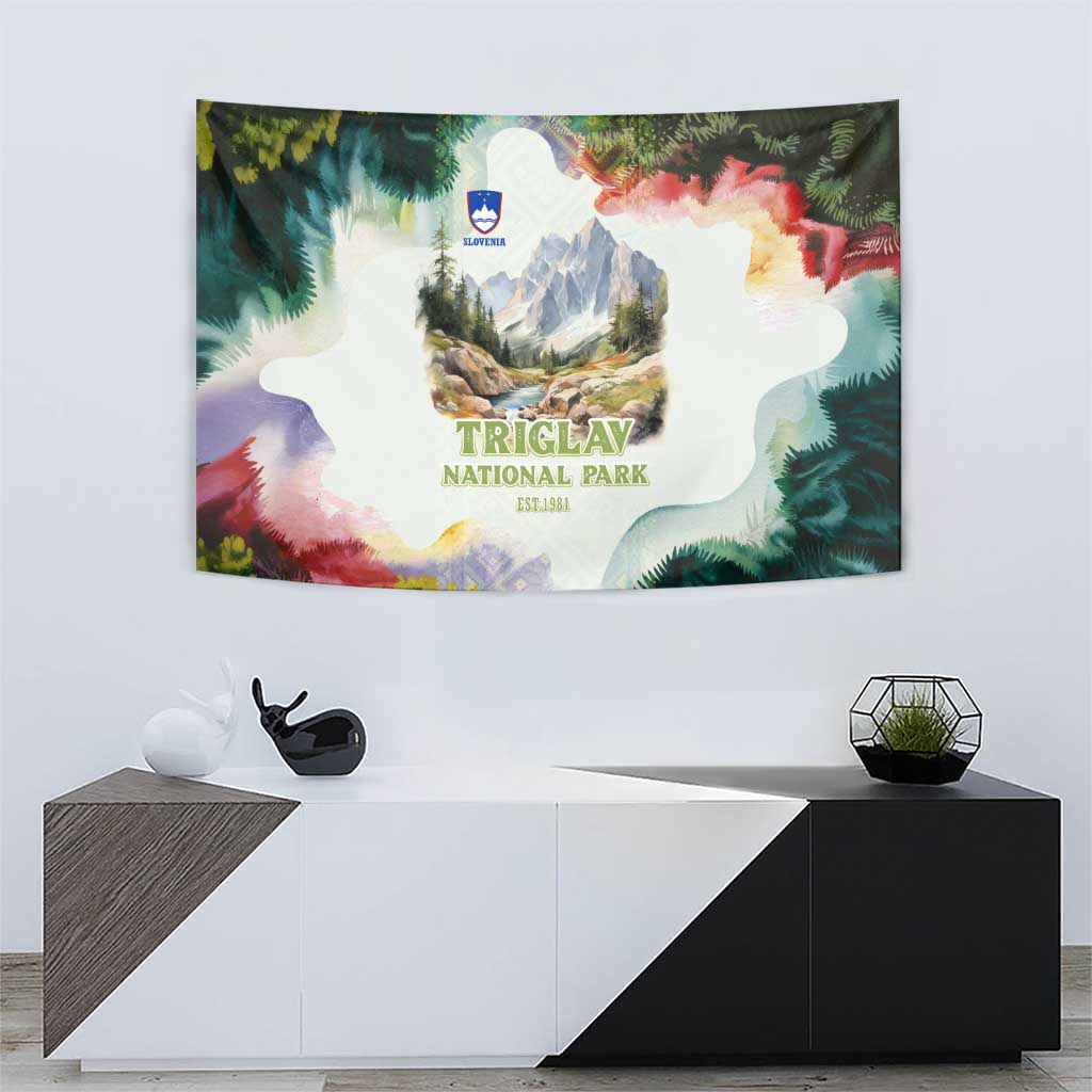 Triglav National Park Tapestry Mountain Landscape with Slovenia Crest and Folk Art Details