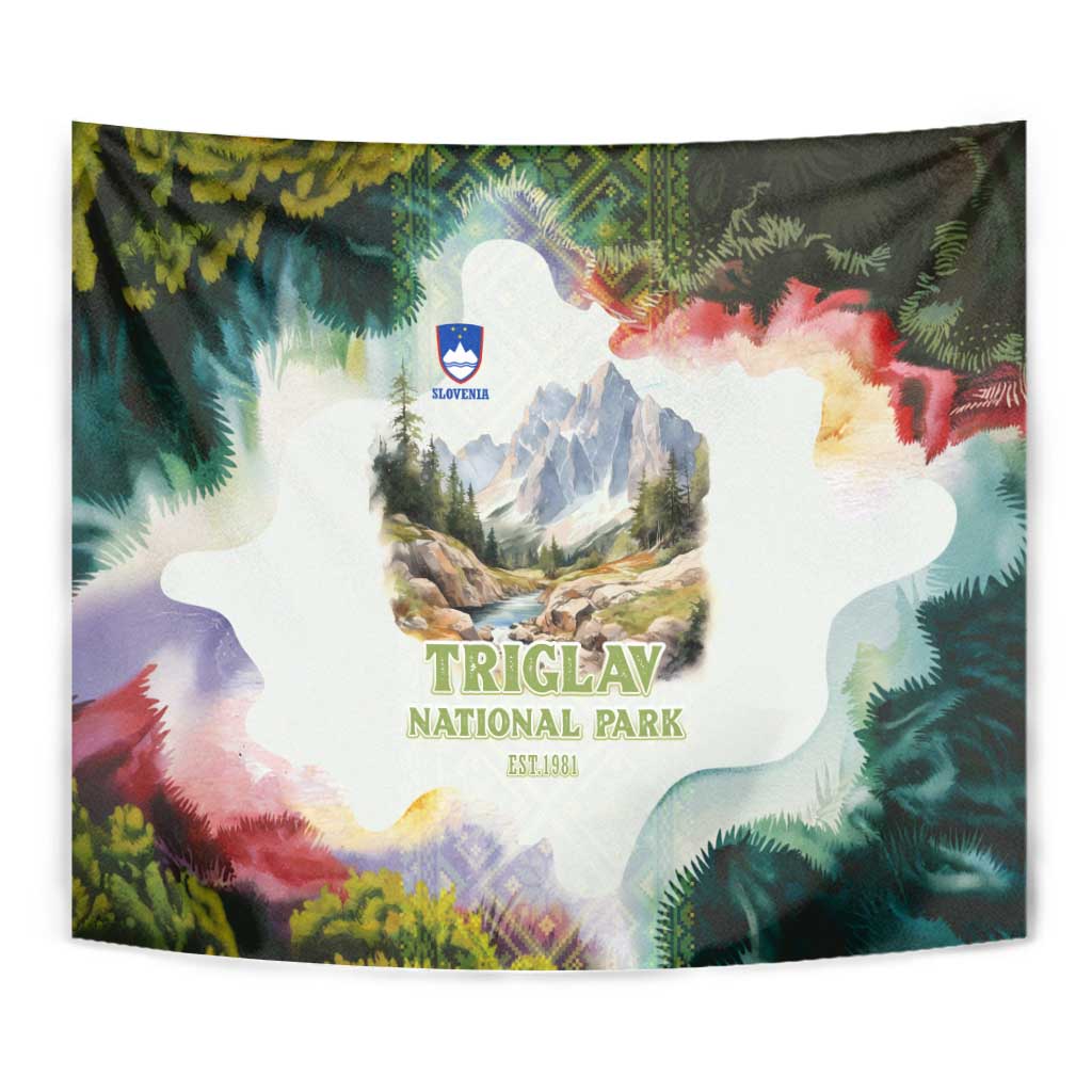 Triglav National Park Tapestry Mountain Landscape with Slovenia Crest and Folk Art Details