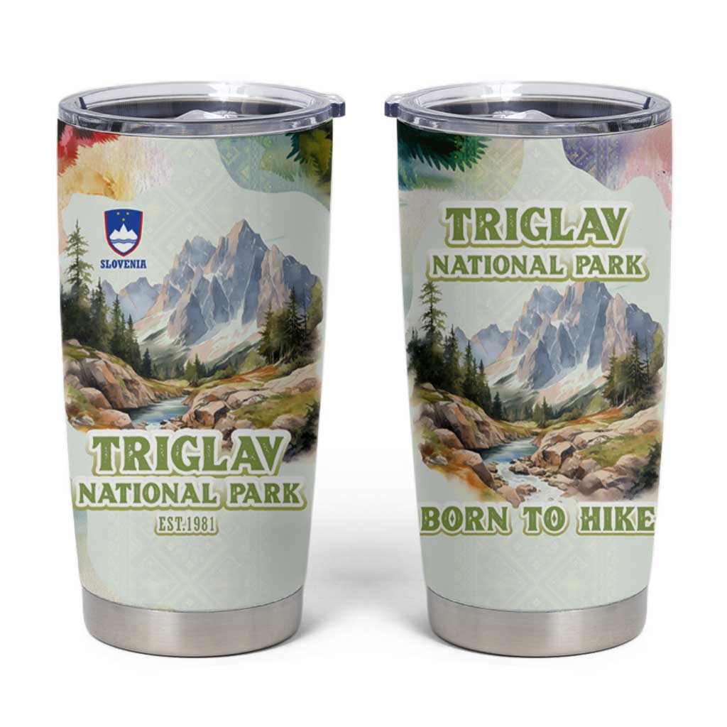 Triglav National Park Tumbler Cup Mountain Landscape with Slovenia Crest and Folk Art Details