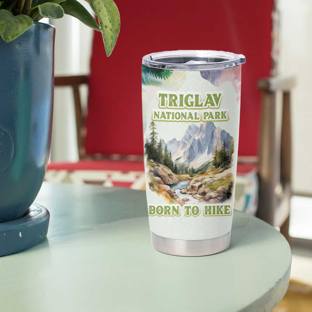 Triglav National Park Tumbler Cup Mountain Landscape with Slovenia Crest and Folk Art Details