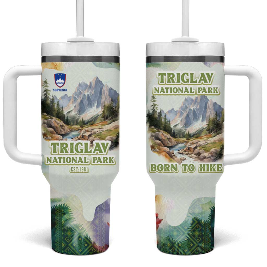Triglav National Park Tumbler With Handle Mountain Landscape with Slovenia Crest and Folk Art Details