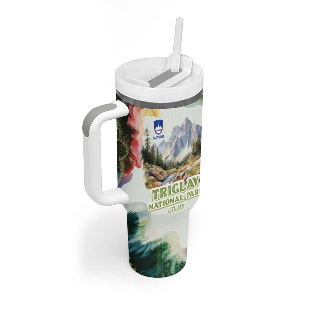 Triglav National Park Tumbler With Handle Mountain Landscape with Slovenia Crest and Folk Art Details