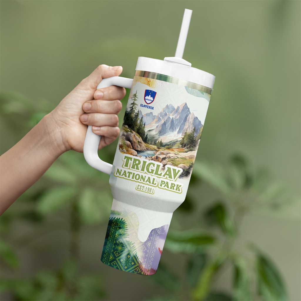 Triglav National Park Tumbler With Handle Mountain Landscape with Slovenia Crest and Folk Art Details