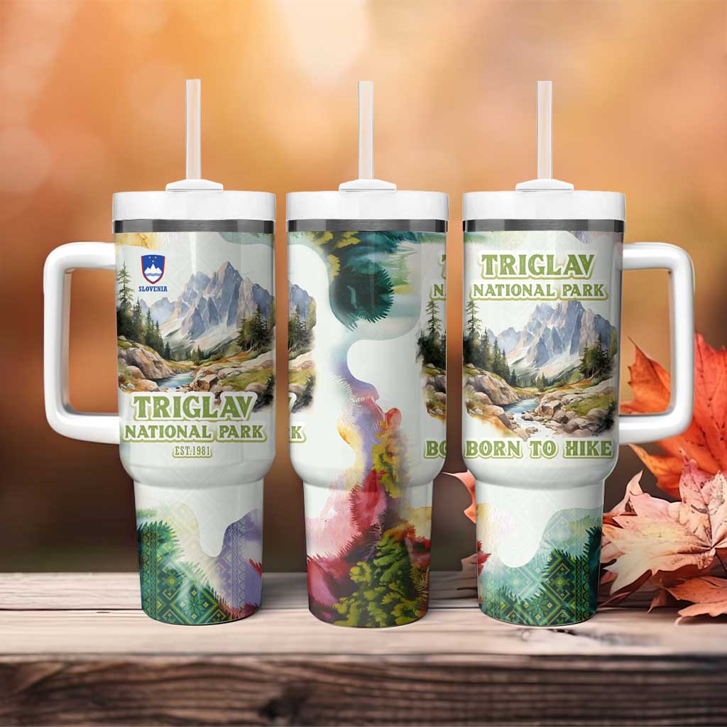 Triglav National Park Tumbler With Handle Mountain Landscape with Slovenia Crest and Folk Art Details