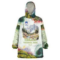 Triglav National Park Wearable Blanket Hoodie Mountain Landscape with Slovenia Crest and Folk Art Details