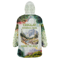 Triglav National Park Wearable Blanket Hoodie Mountain Landscape with Slovenia Crest and Folk Art Details