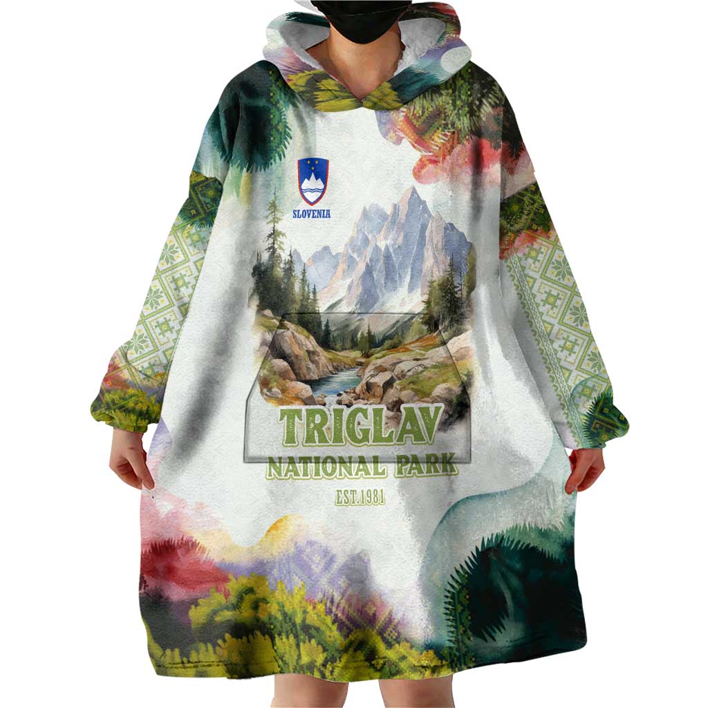 Triglav National Park Wearable Blanket Hoodie Mountain Landscape with Slovenia Crest and Folk Art Details