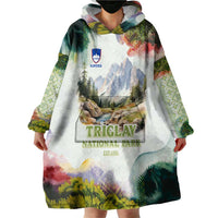 Triglav National Park Wearable Blanket Hoodie Mountain Landscape with Slovenia Crest and Folk Art Details