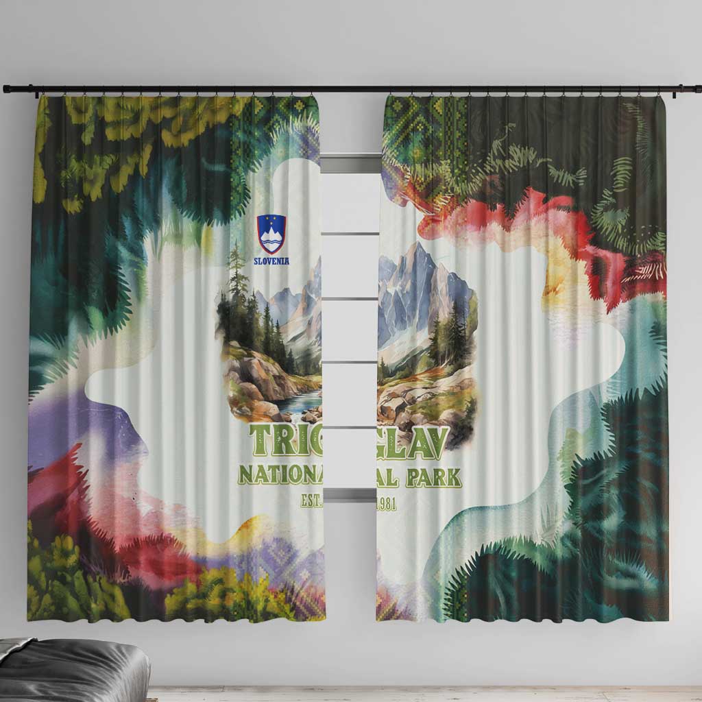 Triglav National Park Window Curtain Mountain Landscape with Slovenia Crest and Folk Art Details