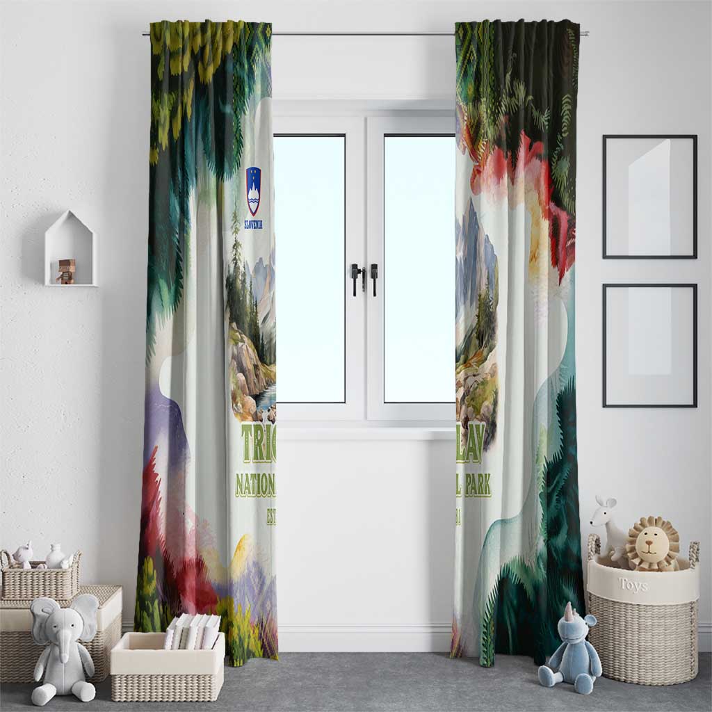 Triglav National Park Window Curtain Mountain Landscape with Slovenia Crest and Folk Art Details