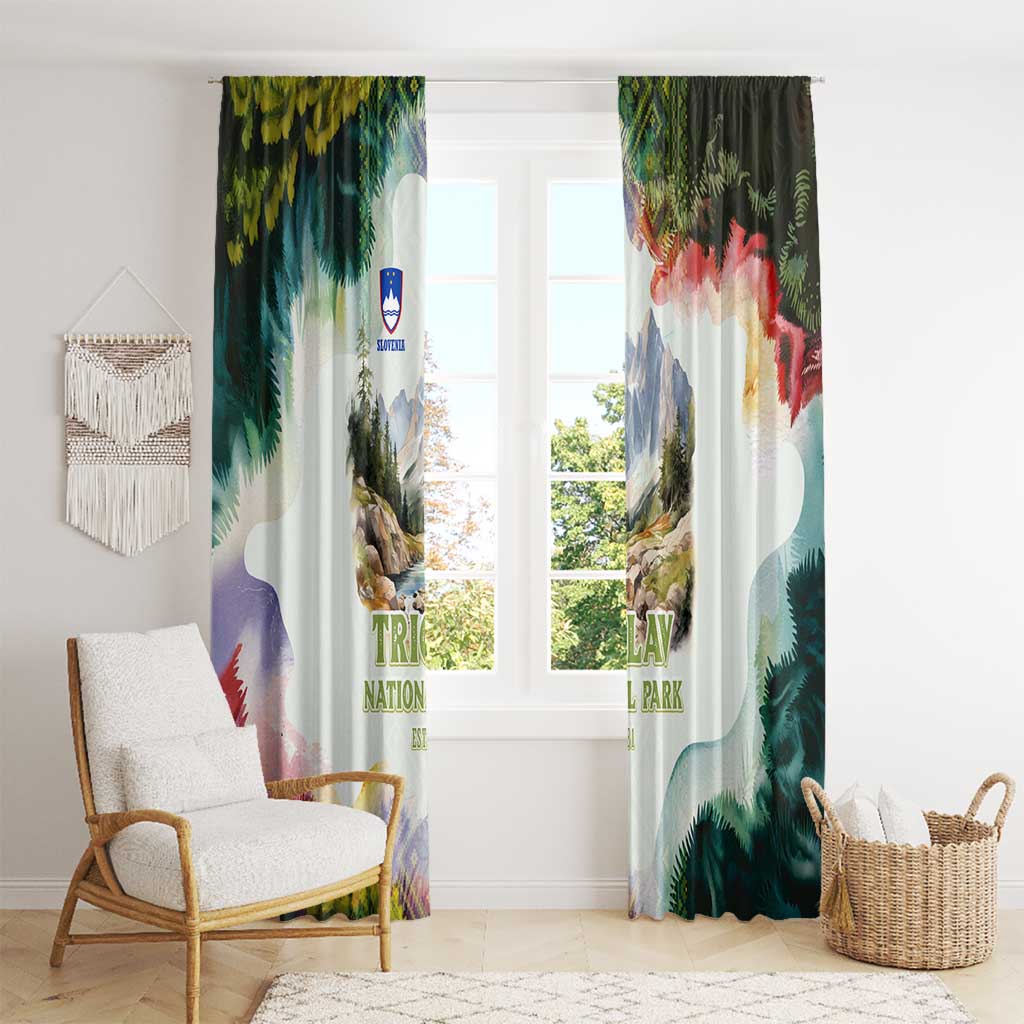 Triglav National Park Window Curtain Mountain Landscape with Slovenia Crest and Folk Art Details