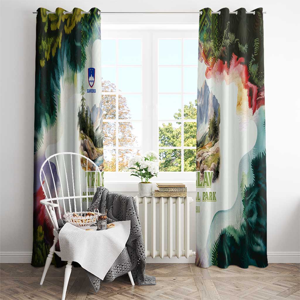 Triglav National Park Window Curtain Mountain Landscape with Slovenia Crest and Folk Art Details