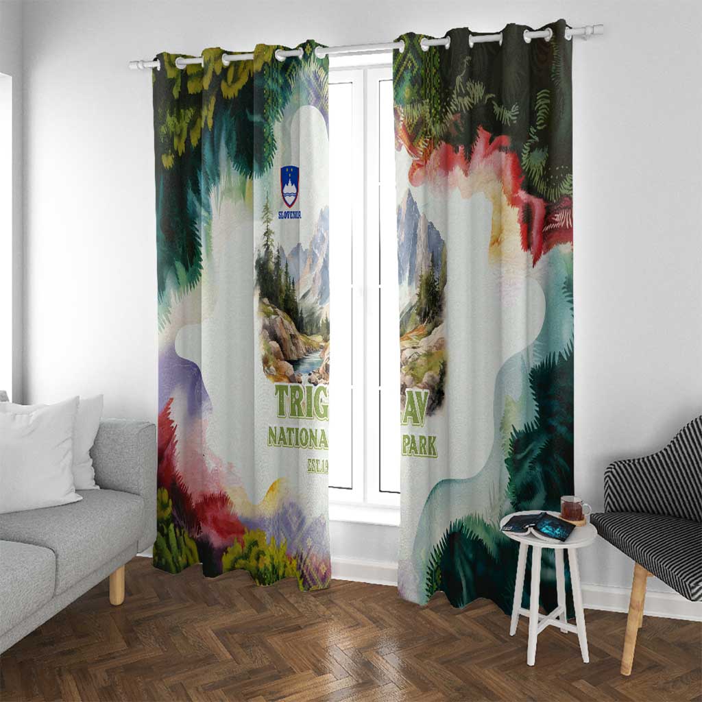 Triglav National Park Window Curtain Mountain Landscape with Slovenia Crest and Folk Art Details