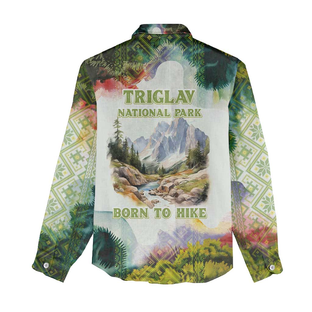 Triglav National Park Women Casual Shirt Mountain Landscape with Slovenia Crest and Folk Art Details