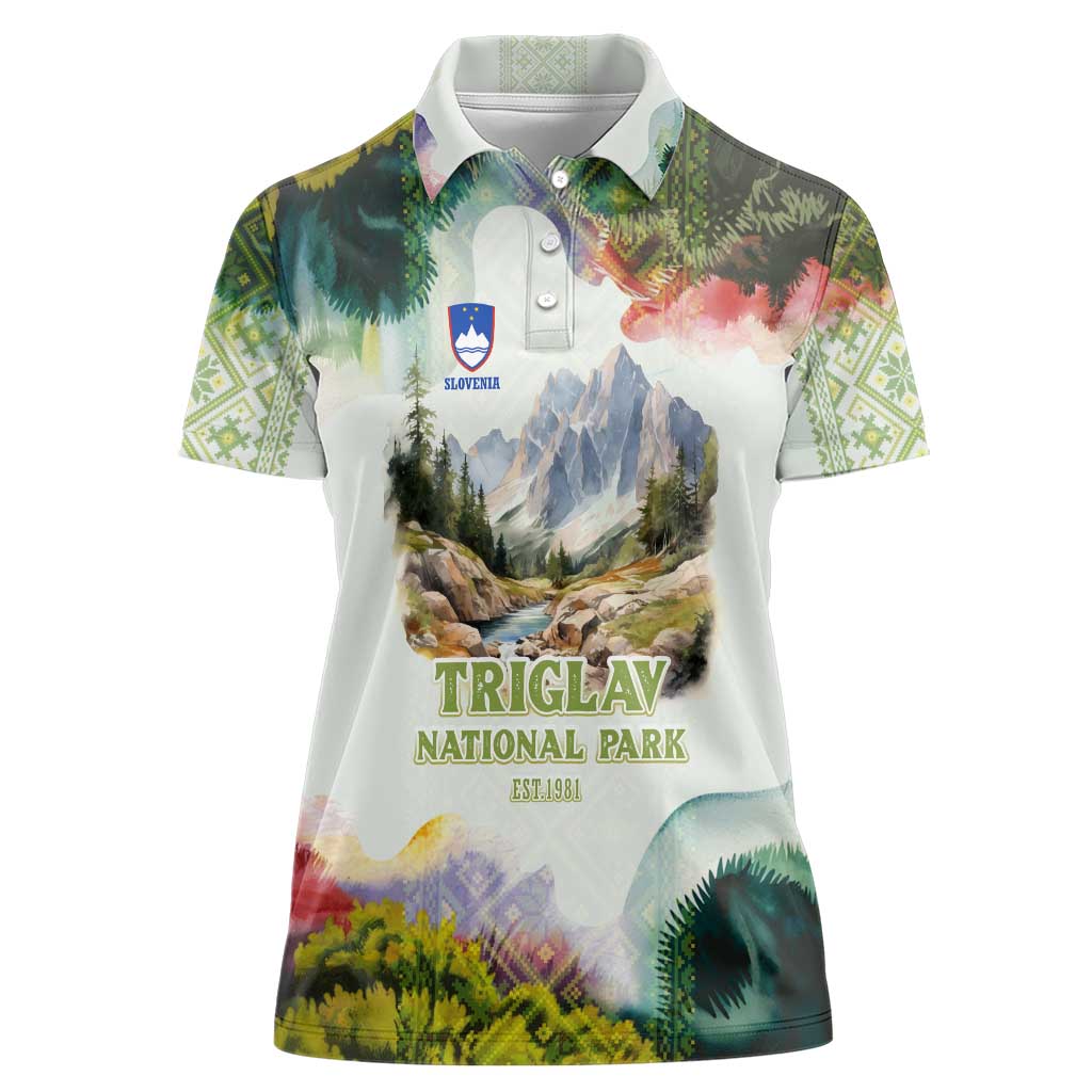 Triglav National Park Women Polo Shirt Mountain Landscape with Slovenia Crest and Folk Art Details