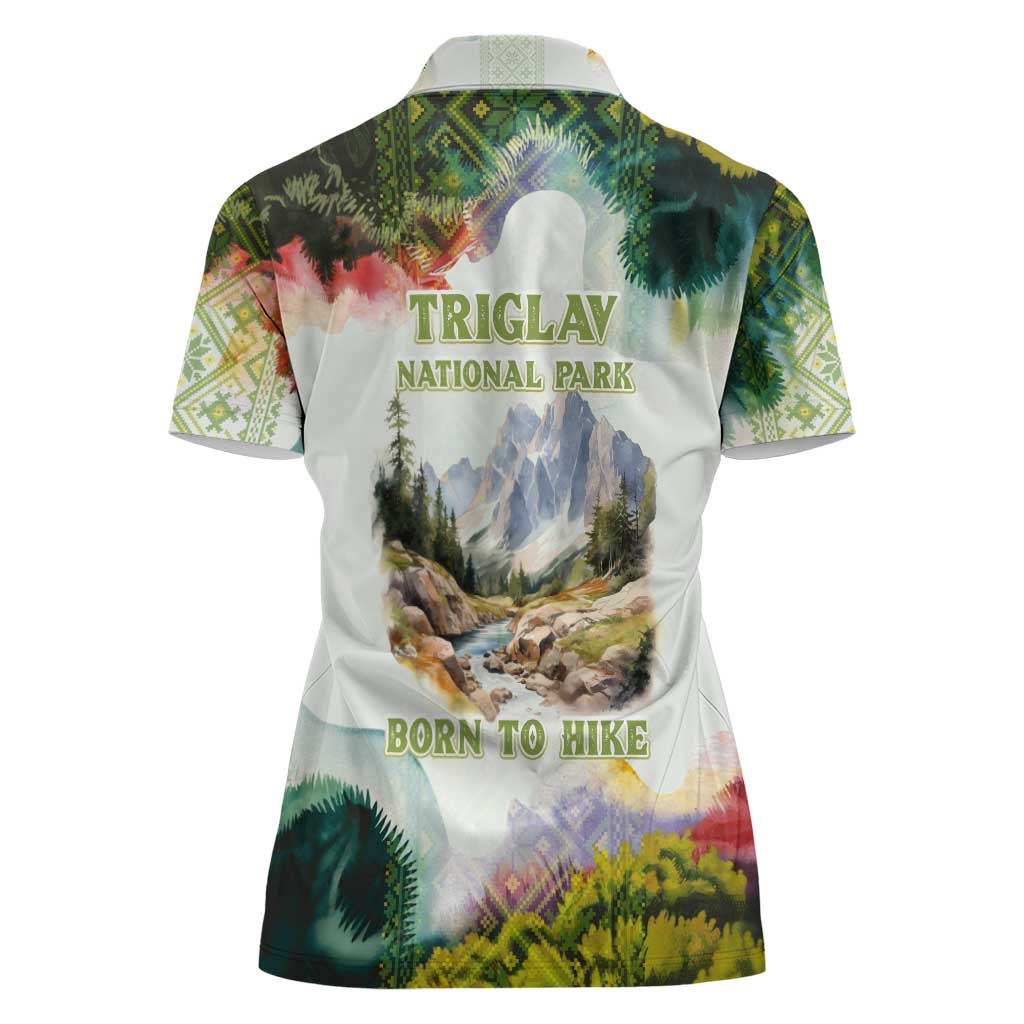 Triglav National Park Women Polo Shirt Mountain Landscape with Slovenia Crest and Folk Art Details