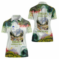 Triglav National Park Women Polo Shirt Mountain Landscape with Slovenia Crest and Folk Art Details