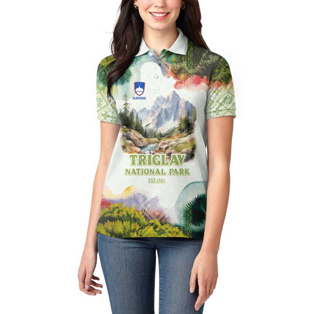 Triglav National Park Women Polo Shirt Mountain Landscape with Slovenia Crest and Folk Art Details