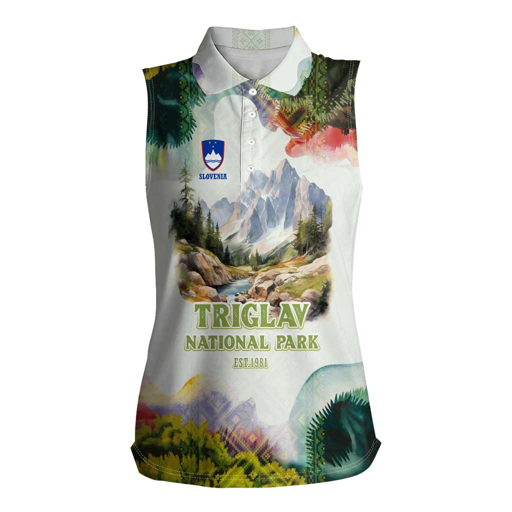 Triglav National Park Women Sleeveless Polo Shirt Mountain Landscape with Slovenia Crest and Folk Art Details