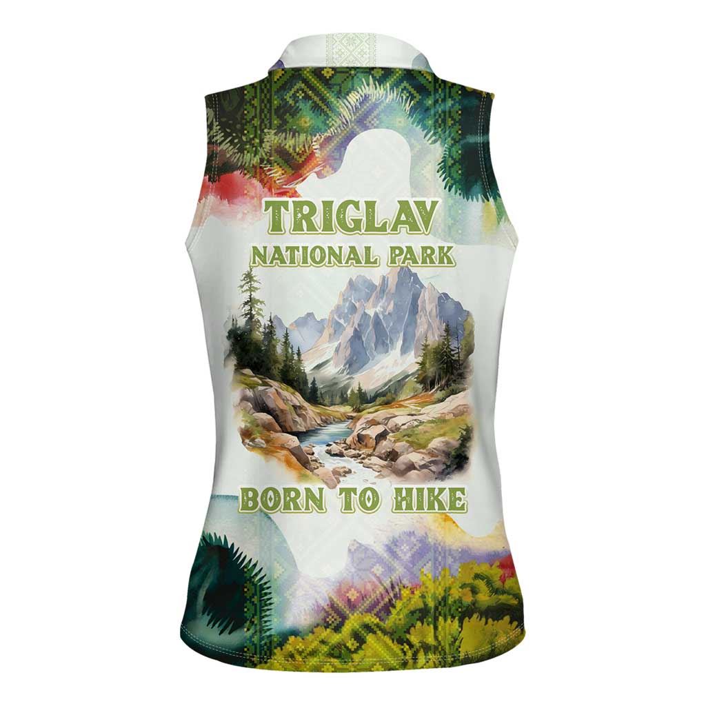Triglav National Park Women Sleeveless Polo Shirt Mountain Landscape with Slovenia Crest and Folk Art Details