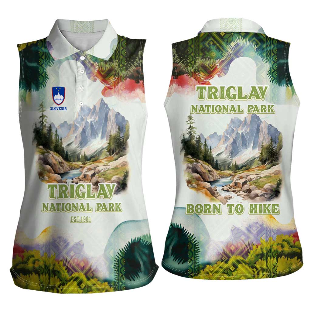 Triglav National Park Women Sleeveless Polo Shirt Mountain Landscape with Slovenia Crest and Folk Art Details