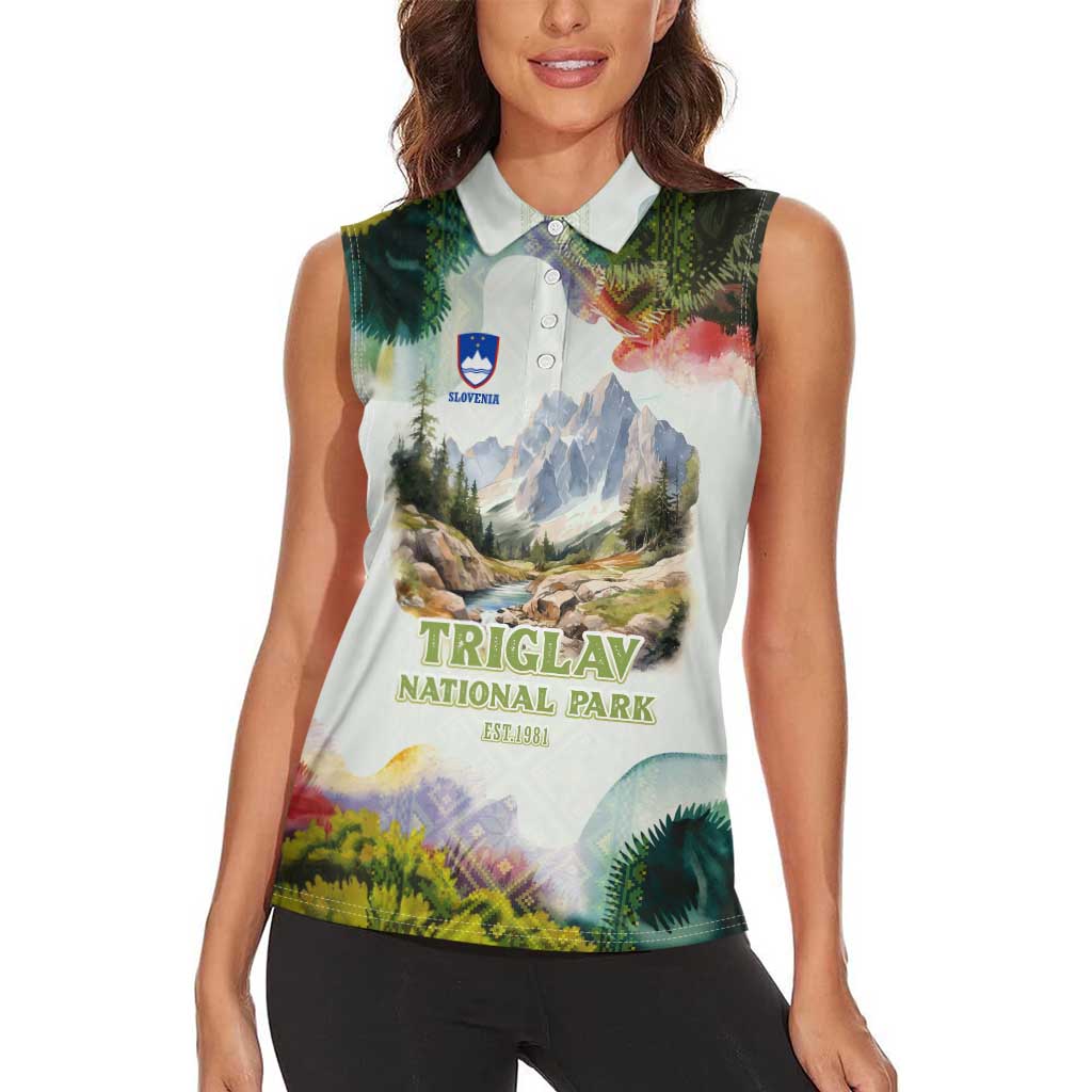 Triglav National Park Women Sleeveless Polo Shirt Mountain Landscape with Slovenia Crest and Folk Art Details