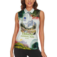 Triglav National Park Women Sleeveless Polo Shirt Mountain Landscape with Slovenia Crest and Folk Art Details