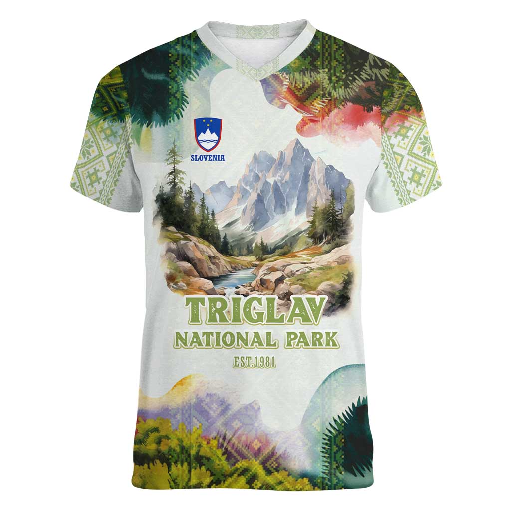 Triglav National Park Women V-Neck T-Shirt Mountain Landscape with Slovenia Crest and Folk Art Details