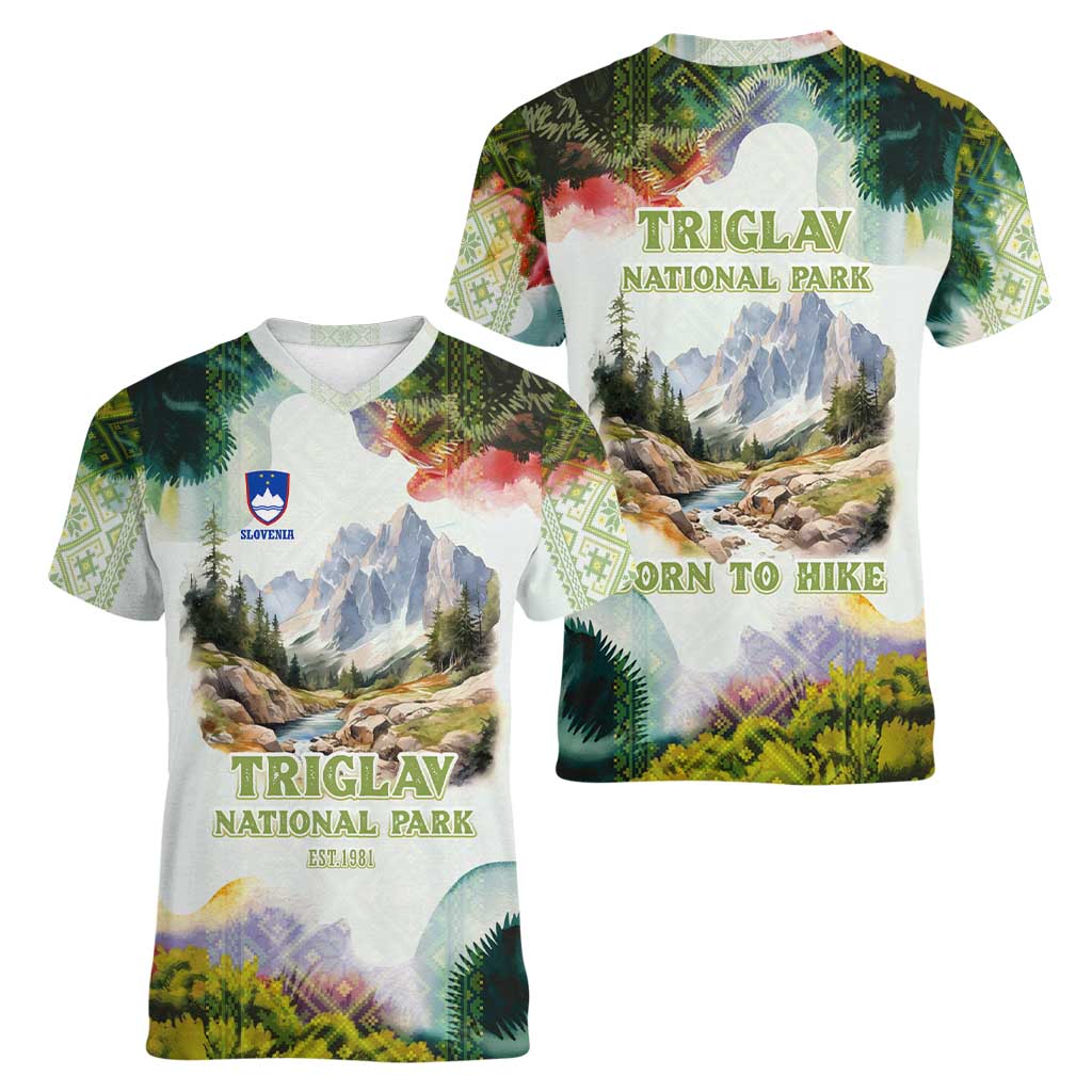 Triglav National Park Women V-Neck T-Shirt Mountain Landscape with Slovenia Crest and Folk Art Details