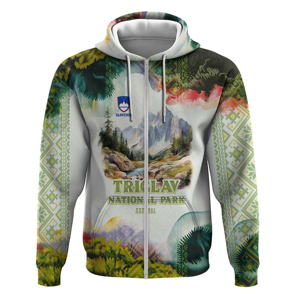 Triglav National Park Zip Hoodie Mountain Landscape with Slovenia Crest and Folk Art Details