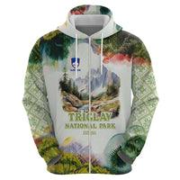 Triglav National Park Zip Hoodie Mountain Landscape with Slovenia Crest and Folk Art Details