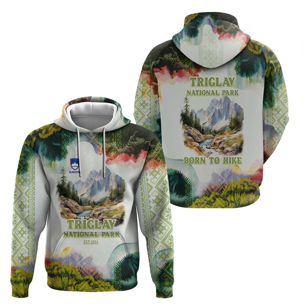 Triglav National Park Zip Hoodie Mountain Landscape with Slovenia Crest and Folk Art Details