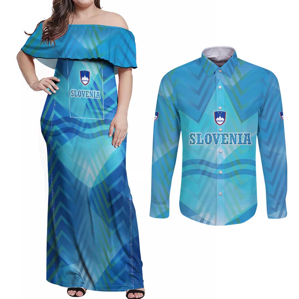 Slovenia Sport Couples Matching Off Shoulder Maxi Dress and Long Sleeve Button Shirt Alpine-Inspired Design with National Crest