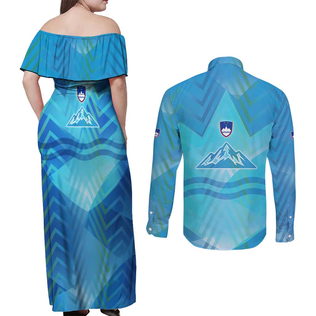 Slovenia Sport Couples Matching Off Shoulder Maxi Dress and Long Sleeve Button Shirt Alpine-Inspired Design with National Crest