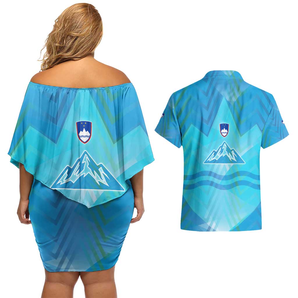 Slovenia Sport Couples Matching Off Shoulder Short Dress and Hawaiian Shirt Alpine-Inspired Design with National Crest