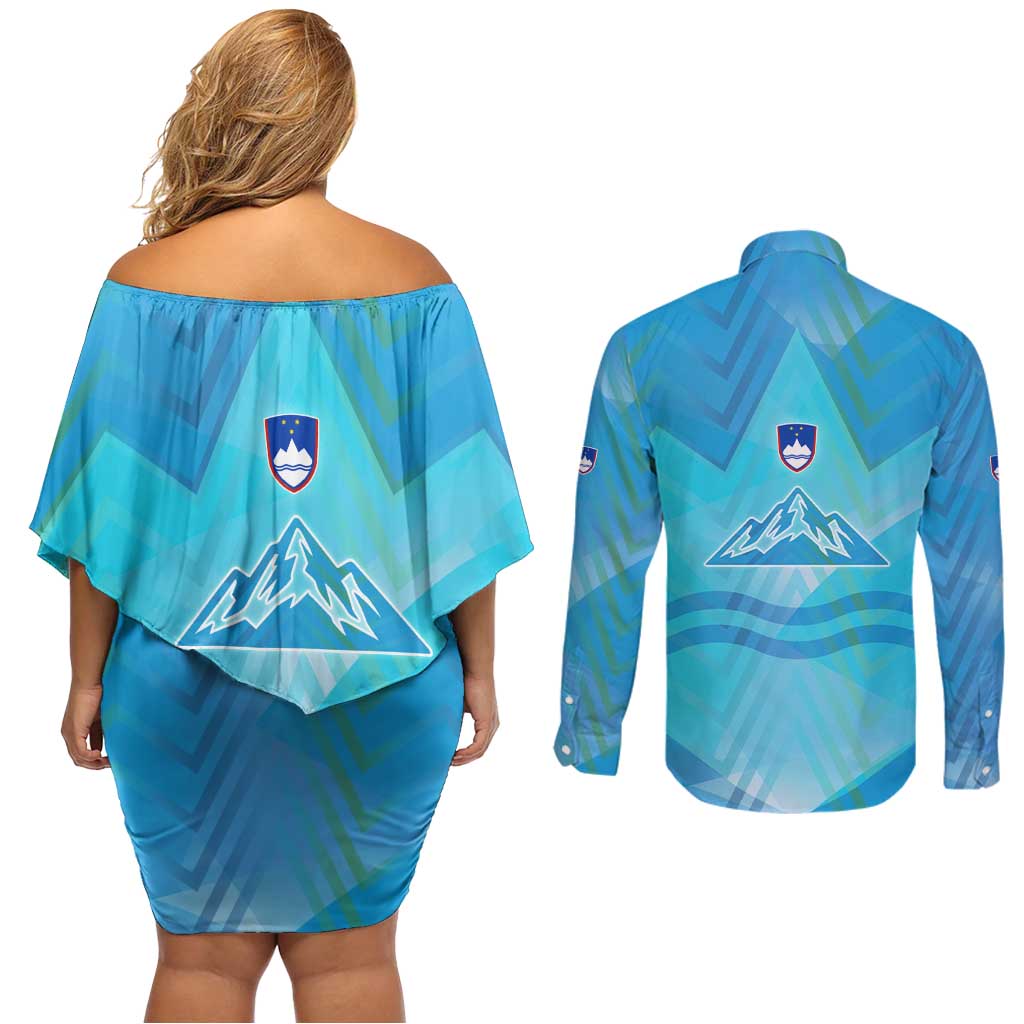 Slovenia Sport Couples Matching Off Shoulder Short Dress and Long Sleeve Button Shirt Alpine-Inspired Design with National Crest