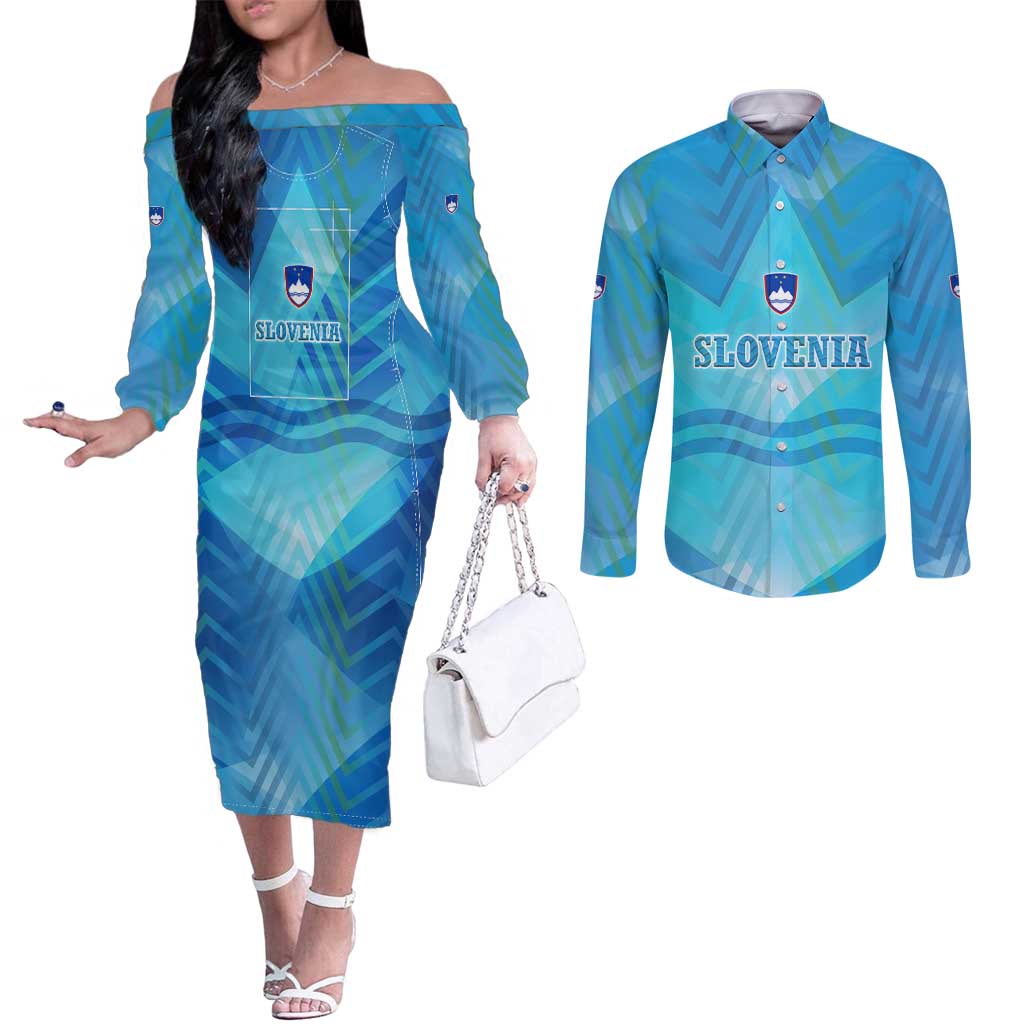 Slovenia Sport Couples Matching Off The Shoulder Long Sleeve Dress and Long Sleeve Button Shirt Alpine-Inspired Design with National Crest