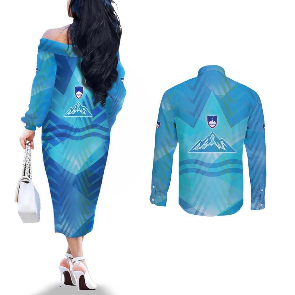 Slovenia Sport Couples Matching Off The Shoulder Long Sleeve Dress and Long Sleeve Button Shirt Alpine-Inspired Design with National Crest