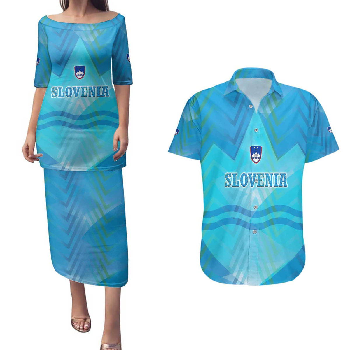 Slovenia Sport Couples Matching Puletasi and Hawaiian Shirt Alpine-Inspired Design with National Crest