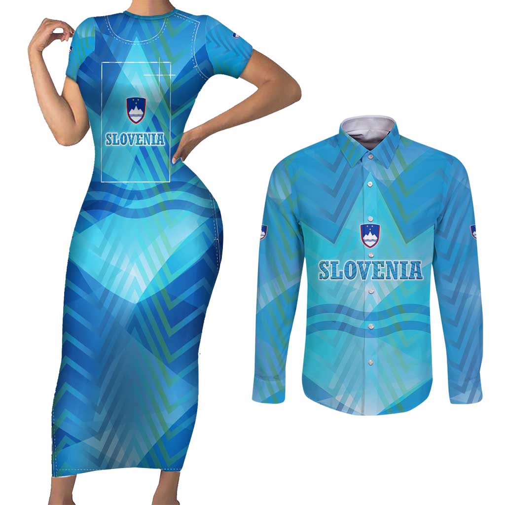 Slovenia Sport Couples Matching Short Sleeve Bodycon Dress and Long Sleeve Button Shirt Alpine-Inspired Design with National Crest