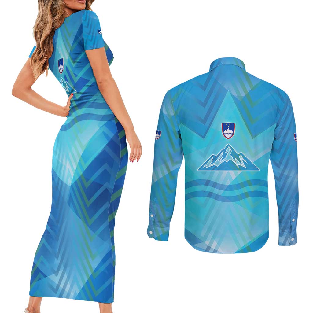 Slovenia Sport Couples Matching Short Sleeve Bodycon Dress and Long Sleeve Button Shirt Alpine-Inspired Design with National Crest