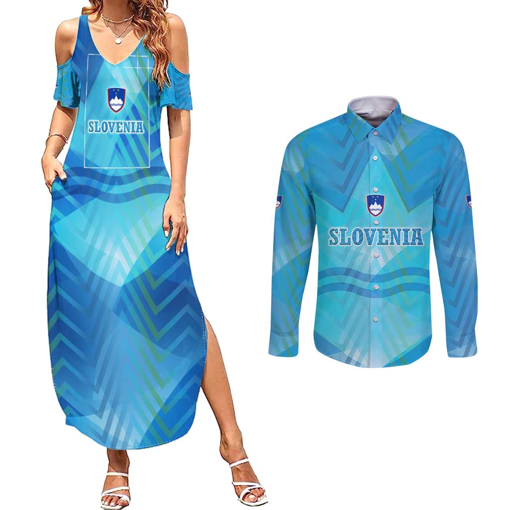 Slovenia Sport Couples Matching Summer Maxi Dress and Long Sleeve Button Shirt Alpine-Inspired Design with National Crest