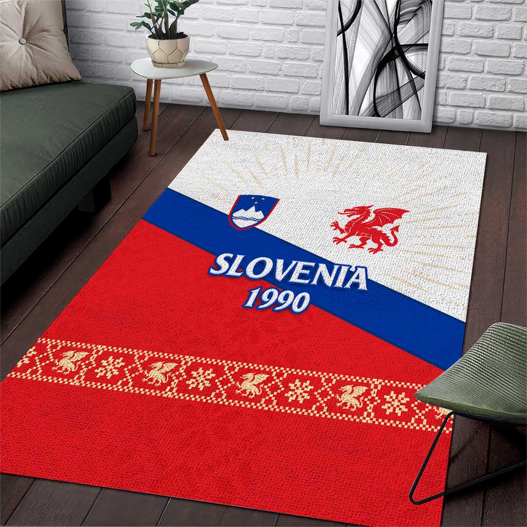 Slovenian Independence Area Rug 1990 Tribute with Dragon Emblem and Alpine Legacy