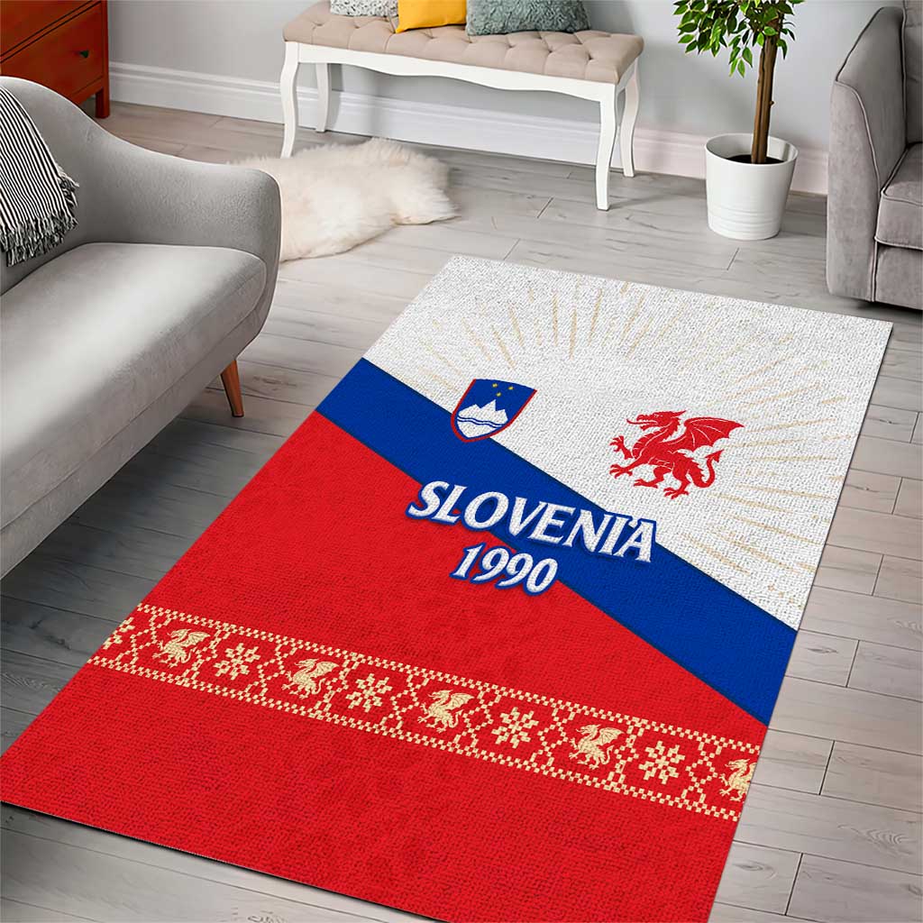 Slovenian Independence Area Rug 1990 Tribute with Dragon Emblem and Alpine Legacy
