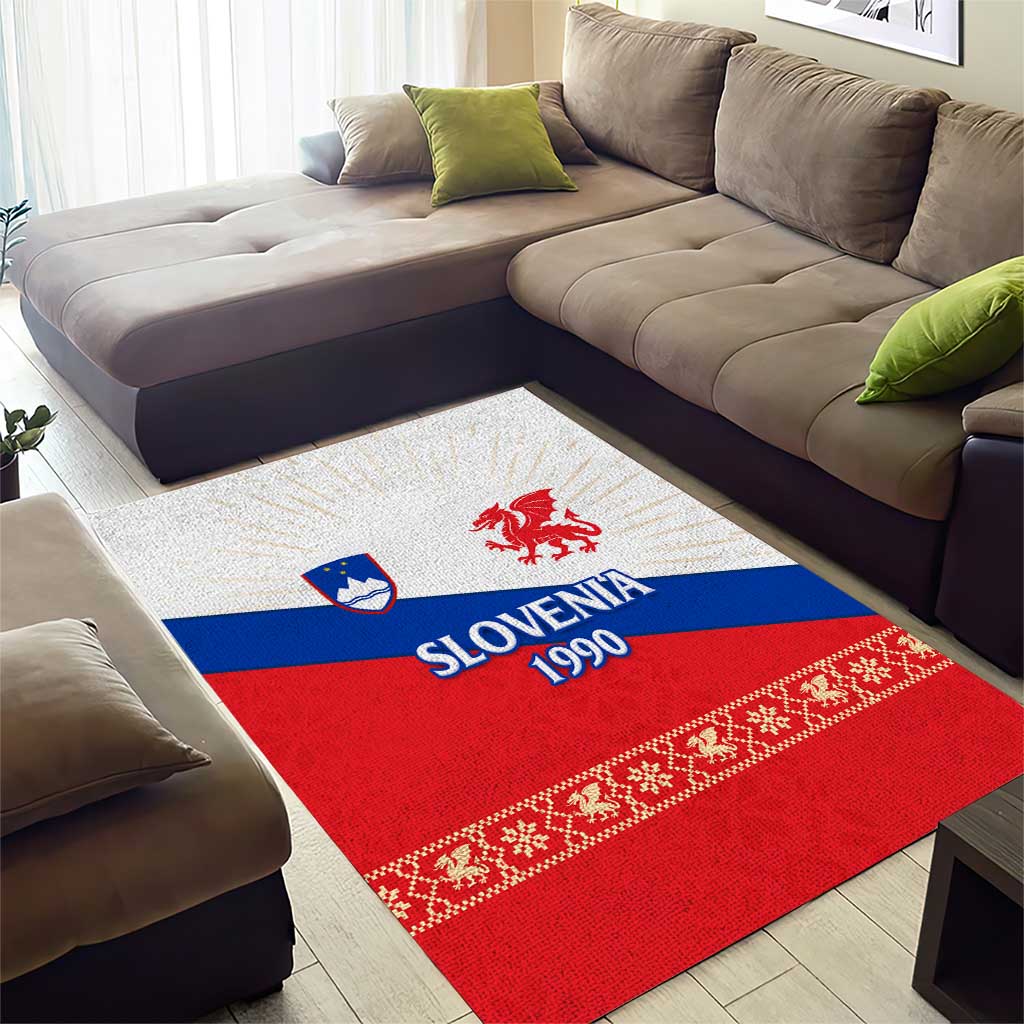 Slovenian Independence Area Rug 1990 Tribute with Dragon Emblem and Alpine Legacy