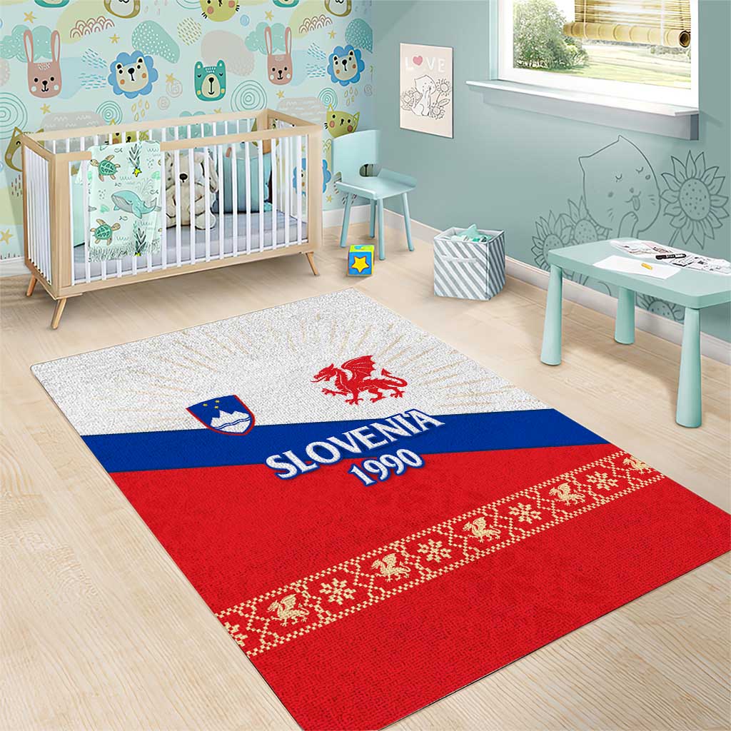 Slovenian Independence Area Rug 1990 Tribute with Dragon Emblem and Alpine Legacy
