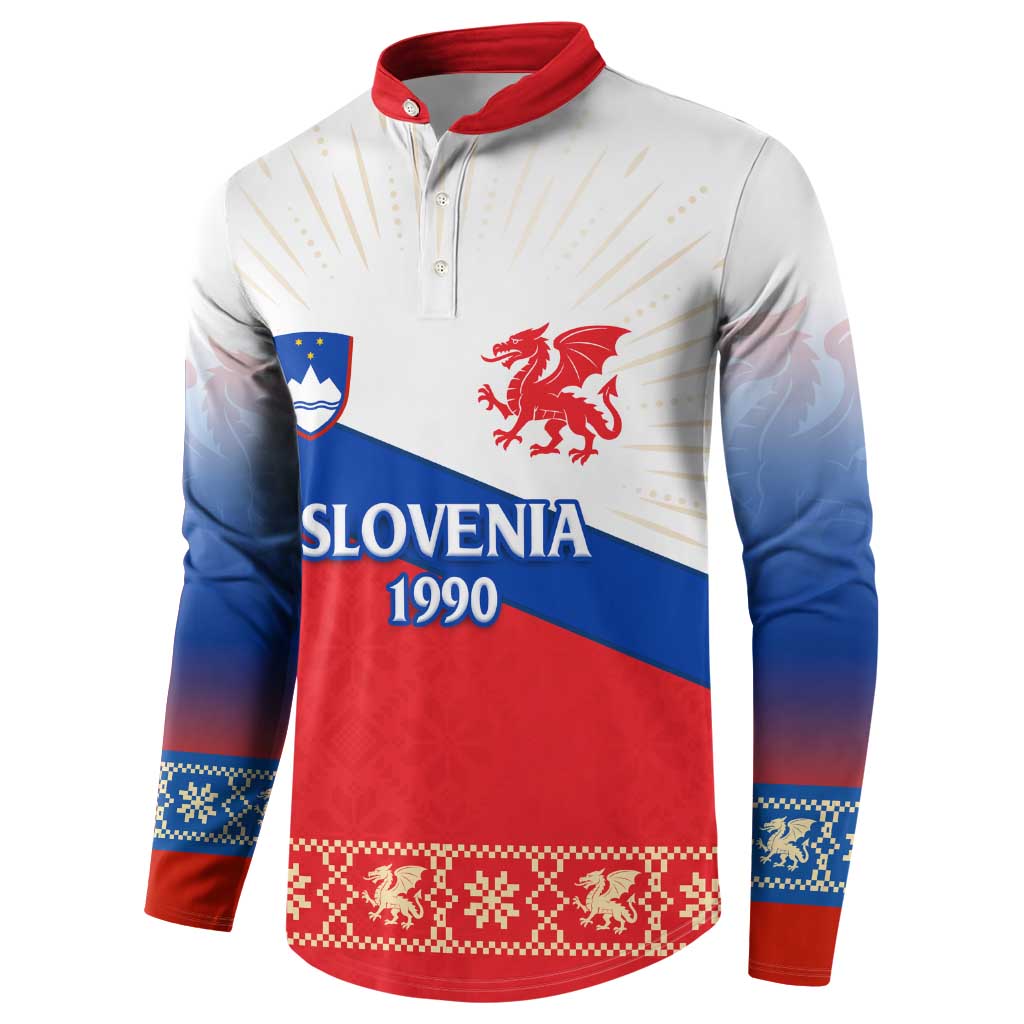 Slovenian Independence Button Sweatshirt 1990 Tribute with Dragon Emblem and Alpine Legacy